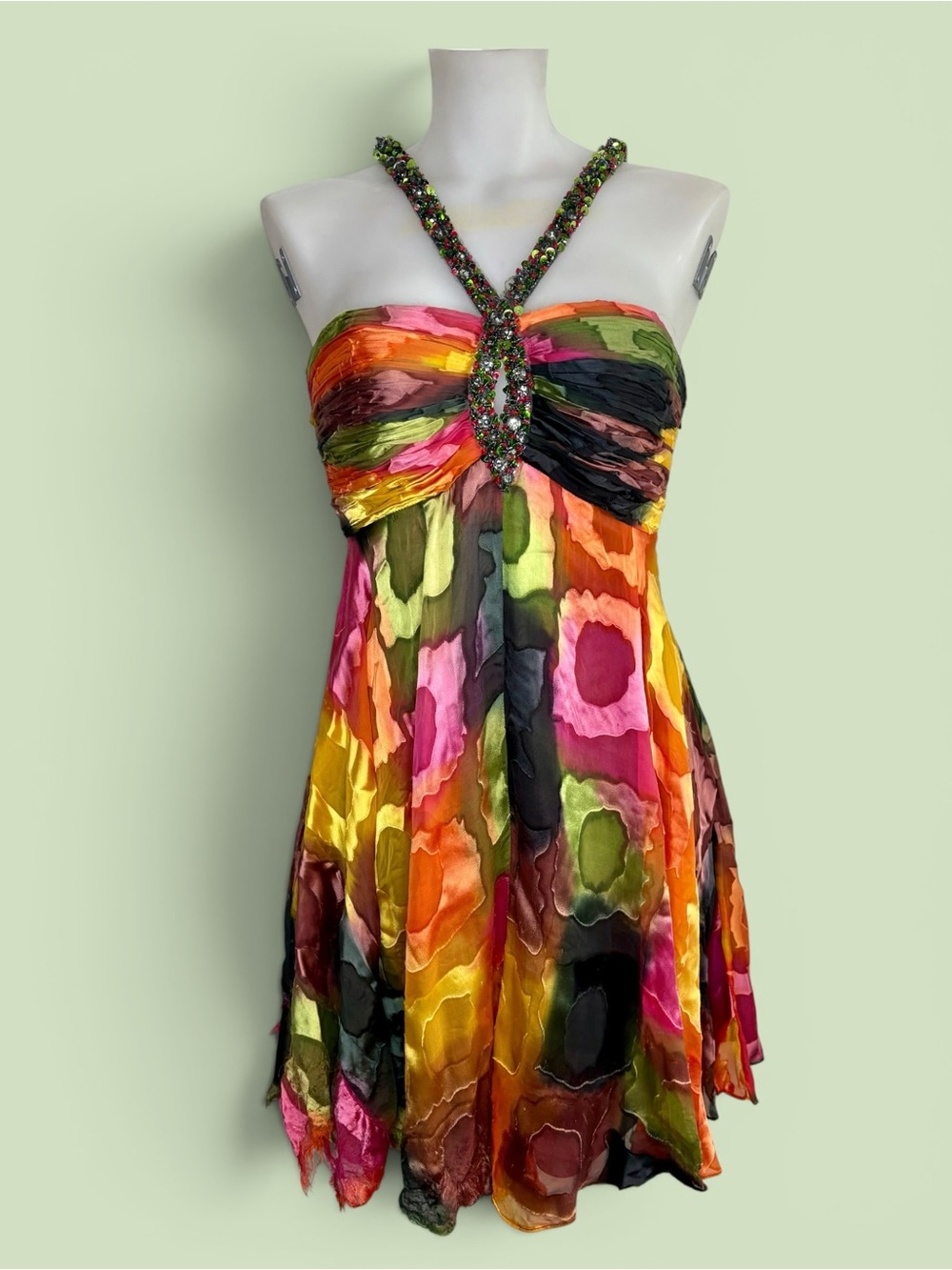 Terani Y2K style silk halter dress with multicolored fabric and embellishments